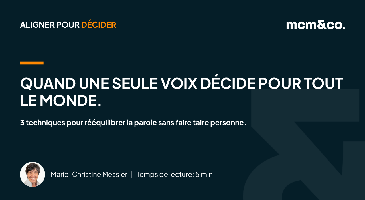 Bandeau de l'infolettre Aligner pour décider de mcm&co., signé Marie-Christine Messier. Titre : « Quand une seule voix décide pour tout le monde. » Sous-titre : 3 techniques pour rééquilibrer la parole sans faire taire personne. Temps de lecture : 5 minutes.