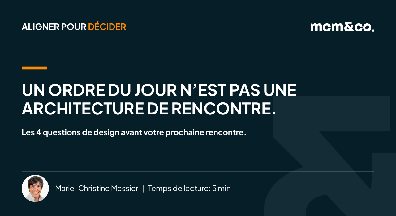 Bandeau de l'infolettre Aligner pour décider de mcm&co., signé Marie-Christine Messier. Titre : « Un ordre du jour n'est pas une architecture de rencontre. » Sous-titre : Les 4 questions de design avant votre prochaine rencontre. Temps de lecture : 5 minutes.