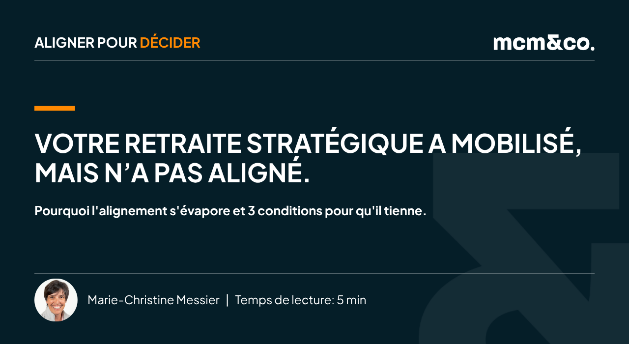 Bandeau de l'infolettre Aligner pour décider de mcm&co., signé Marie-Christine Messier. Titre : « Tout le monde a dit oui. Personne n'était d'accord. » Sous-titre : Pourquoi l'accord cède à l'exécution, et 3 gestes pour l'éviter. Temps de lecture : 5 minutes.